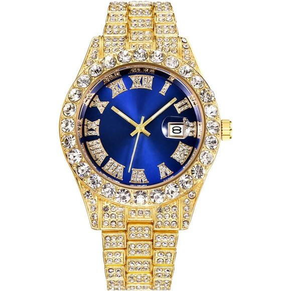 Unisex Gold blue Crystal Diamond Quartz Analog Stainless Steel Big Face Watch - Picture 1 of 7